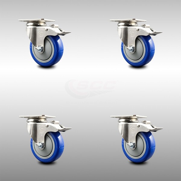 Service Caster 4 Inch 316SS Blue Polyurethane Swivel Top Plate Caster Set Total Lock Brake SCC SCC-SS316TTL20S414-PPUB-BLUE-4 - main